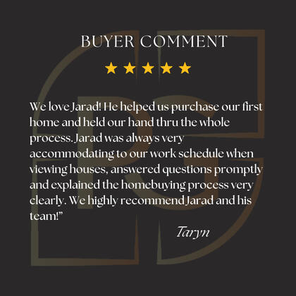 Buyer review from Taryn appreciating Jarad Mollon’s supportive approach, responsiveness, and clear guidance during their first home purchase.