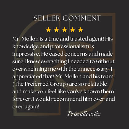 Seller review by Priscilla Velez emphasizing Jarad Mollon's impressive professionalism, trustworthiness, and relatable approach throughout the selling process.
